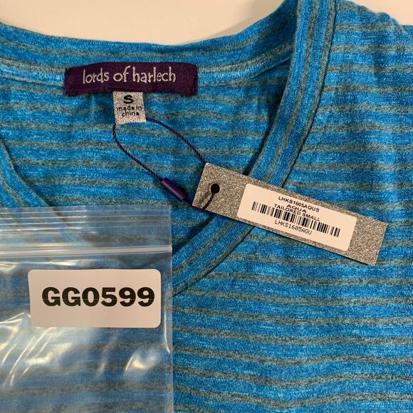 Lords of Harlech S NEW Mens V Neck T Shirt Striped Aqua Short Sleeve Active - Picture 3 of 8